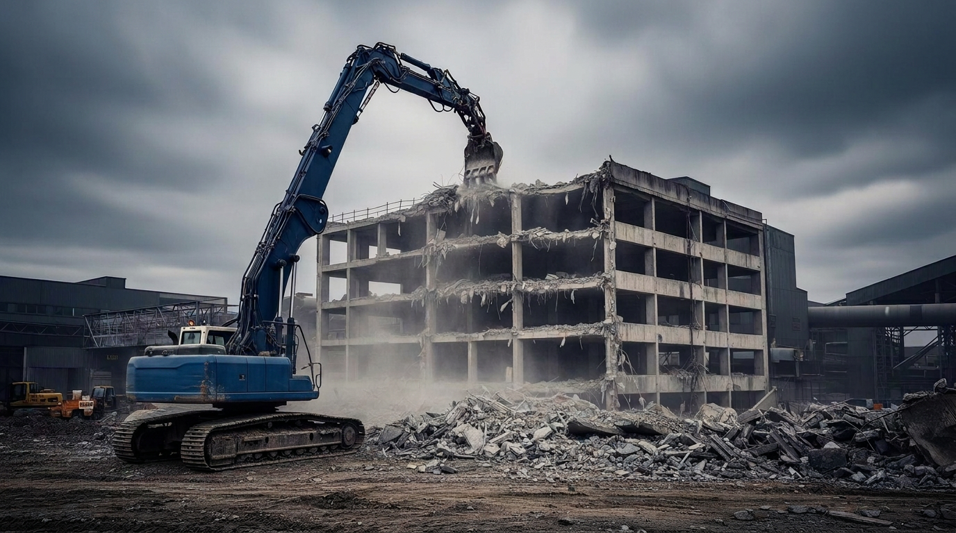 Excavator dismantling a multi-story concrete building